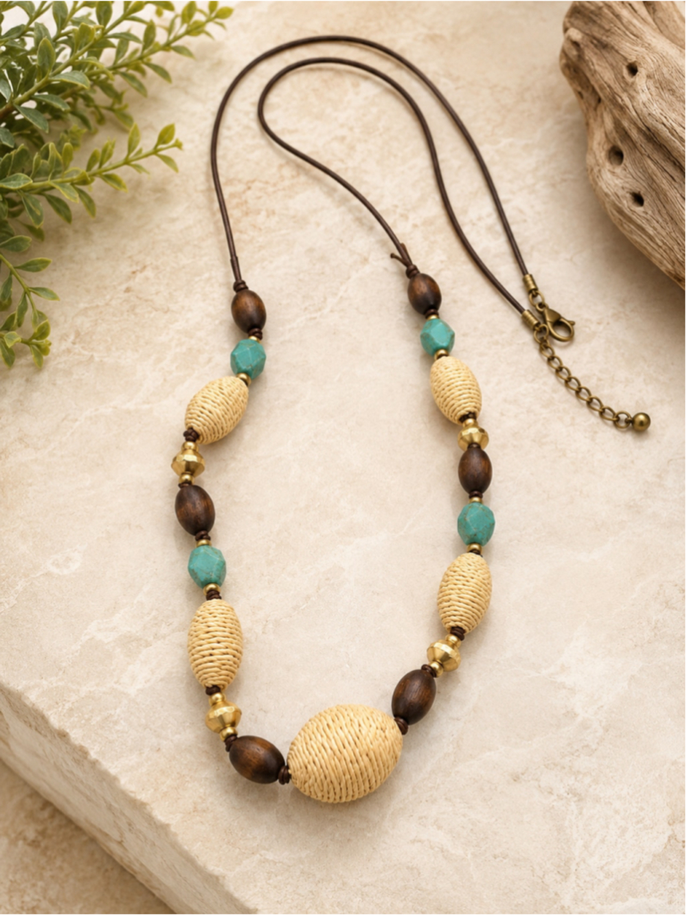 Cookie Lee Turquoise & Genuine Wood Beaded Necklace